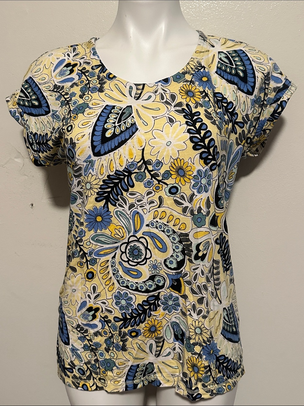 Talbots Yellow and Blue Floral Short Sleeve Tee